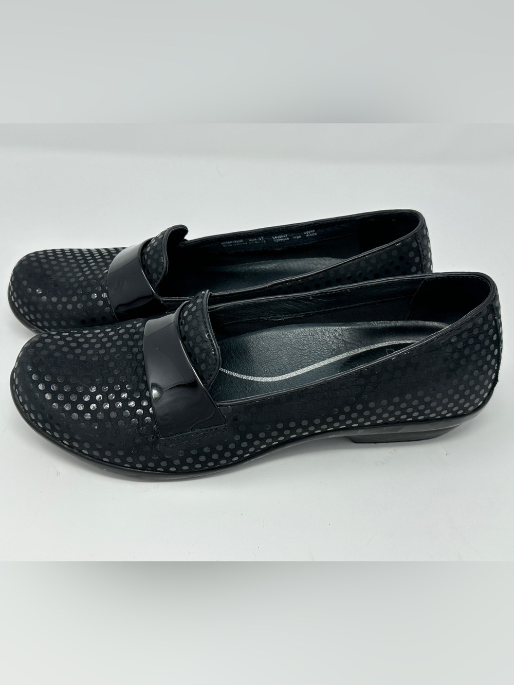 Dansko shoes Black Leather Polka Dot Patent Penny Loafer Wedges Size 37 / US 6.5